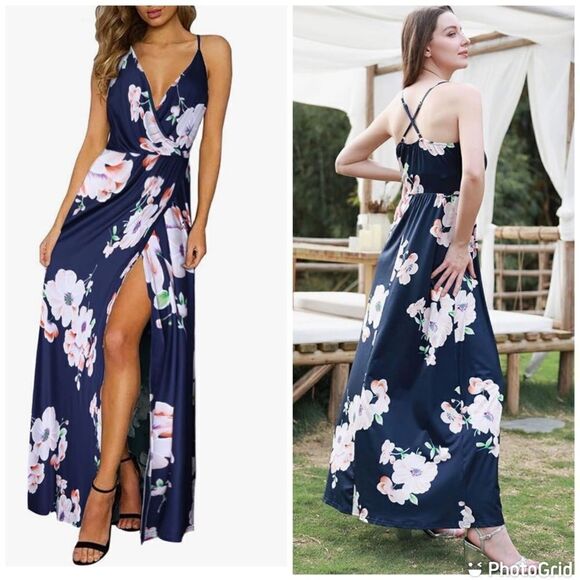 NWT II ININ Summer V-Neck Wrap Floral Printed Solid Casual Beach Long Maxi Dress - Picture 1 of 13